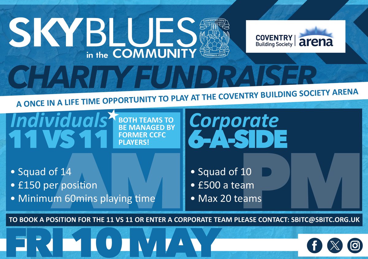 PLAY ON THE PITCH LIKE A PRO 💫 We’re so excited to give you this once in a lifetime opportunity to play at the @CBSArena - home to @Coventry_City ⚽️🤩👏🏼 MEDALS & TROPHIES TO BE WON🥇🏆 ➡️ To book a position for the 11 VS 11 or enter a corporate team, please contact: 📧…