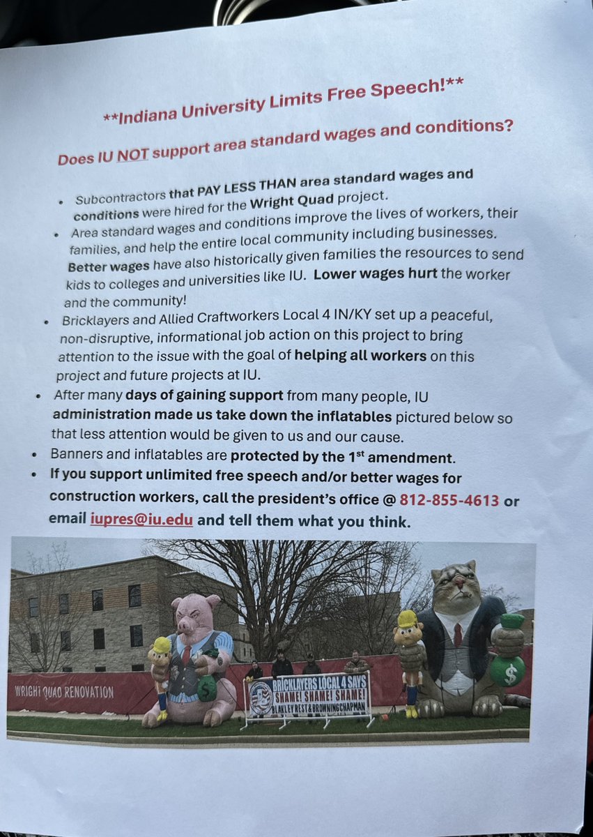 This International Workers Day, I'm supporting Bricklayers Local 4 who are protesting IU's attacks on free speech & advocating for equal pay for the subcontractors renovating Wright Quad. Organized labor is key to securing living wages, workplace safety and rights for ALL of us!