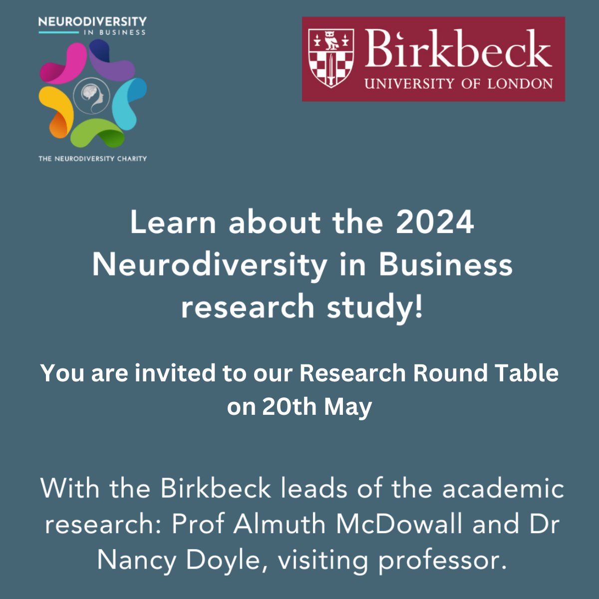Learn about the second NiB and Work research, undertaken by Prof Almuth McDowell and Dr Nancy Doyle, visiting professor, Birkbeck University at our Roundtable on 20 May. Link: bit.ly/NiB-Research-R… #Neurodiversity #NeurodiversityInBusiness #CollaborateForImpact