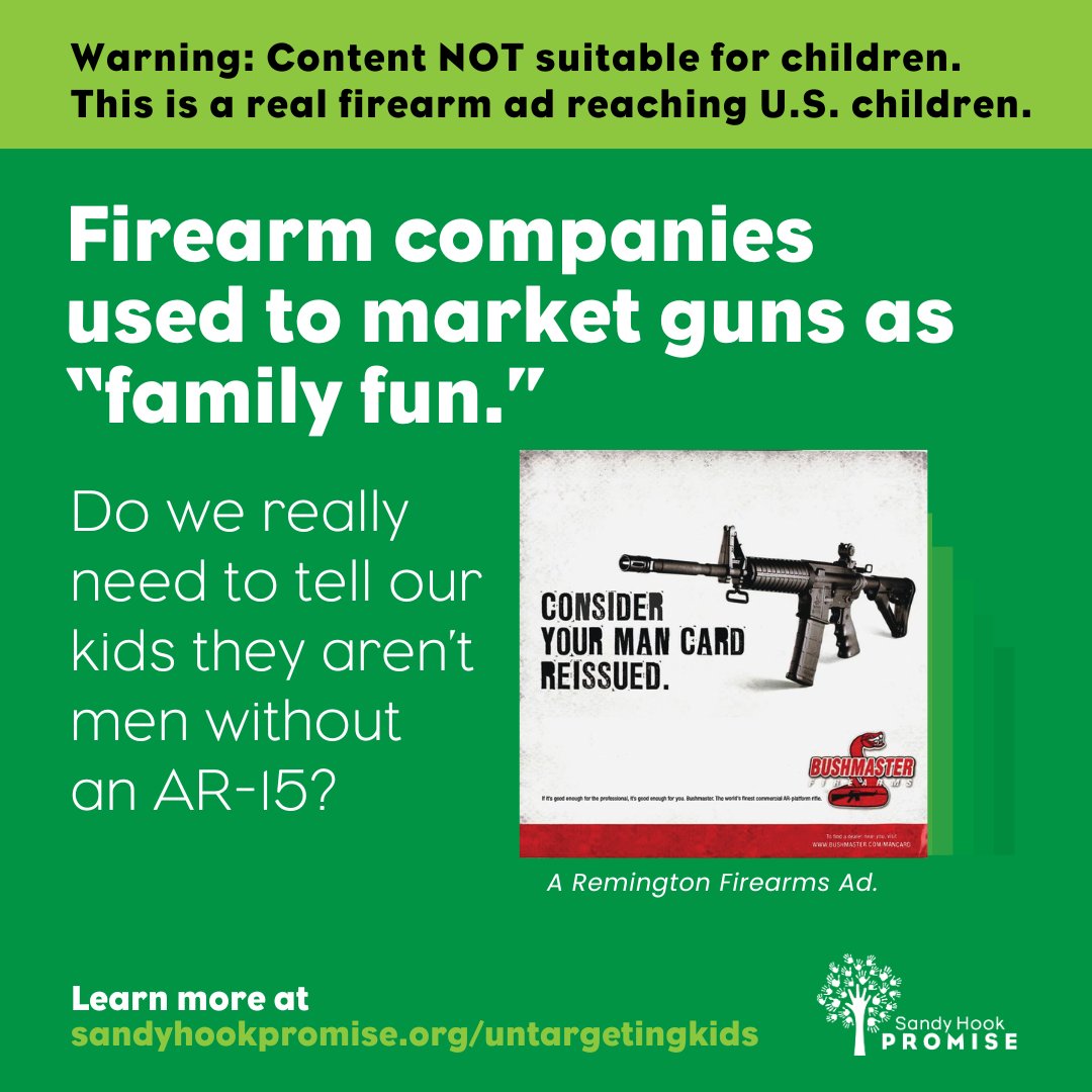 For generations, many parents in America have taught their children to shoot and store guns safely. Firearms marketing often reflected family values, hunting, and good sportsmanship. But then the industry took an explicit turn. Learn more: sandyhookpromise.org/untargetingkid… #UnTargetingKids