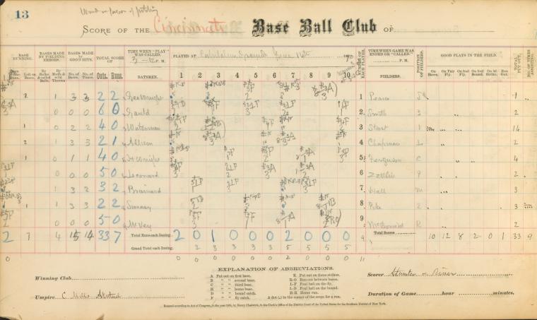 Mark Rucker's favorite baseball image: the Cincinnati Red Stockings at the grounds of the Forest Citys of Cleveland, October 1870. Note that the scorebook, held by substitute pitcher and scorer Ed Atwater, survives. (Scoresheet from the day the unbeaten Reds lost, June 14, 1870.)