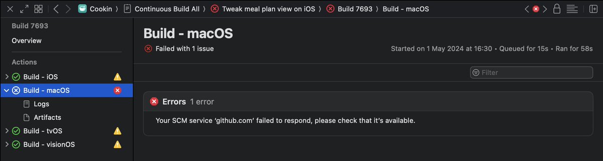 JagCesar's tweet image. Our Xcode Cloud builds are failing, seems like they’re having trouble cloning dependencies. Anyone else seeing these errors?
`Your SCM service github.com failed to respond, please check that it’s available.`
#xcodeCloud #github