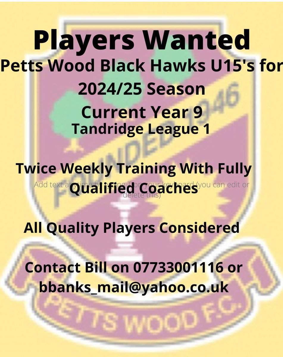 Players wanted for the Petts Wood Black Hawks for 24/25 season.

#pettswoodfc #pettswood #tandridgeleague #playerswanted