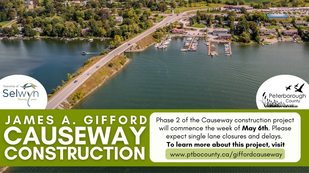 Phase 2 of the James A. Gifford Causeway improvements will begin the week of May 6th. It's anticipated delays will be reduced in comparison to Phase 1 as traffic flow, during peak drive times will be streamlined. For more info 👉 ptbocounty.ca/giffordcauseway