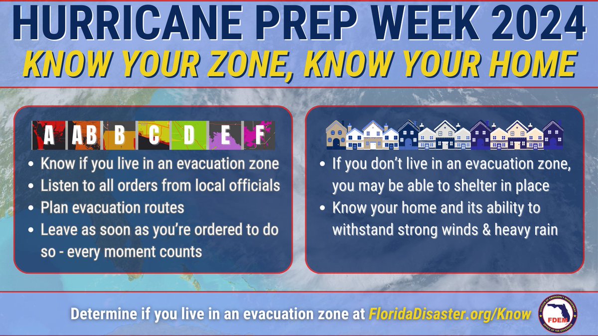 🌊It's Day 2 of Hurricane Preparedness Week & today's focus is evacuation planning. Know your zone & know your home to best understand storm-related evacuation orders.
➡️ Learn if you live in a flood-prone area at FloridaDisaster.org/Know #HurricanePrep #MakeAPlan