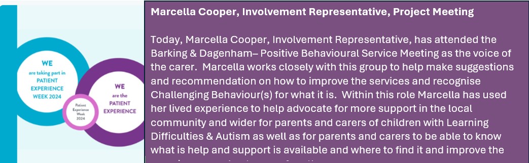 Patient Experience Week! Today Marcella, Involvement Representative, is working with the Positive Behavioural Service Team in Barking & Dagenham where she uses her lived experience to help advocate for families and children in the local community. Well done Marcella!