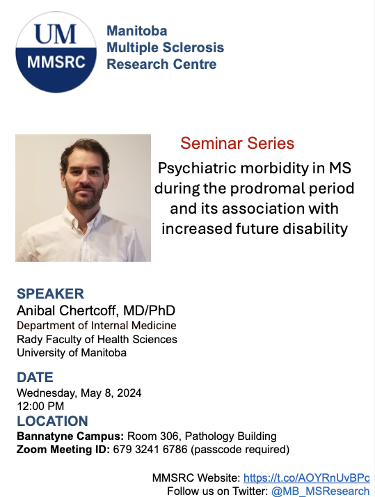Join us next Wednesday May 8th when we will hear from @MB_MSResearch member Dr. Anibal Chertcoff on psychiatric comorbidities in the MS prodrome!