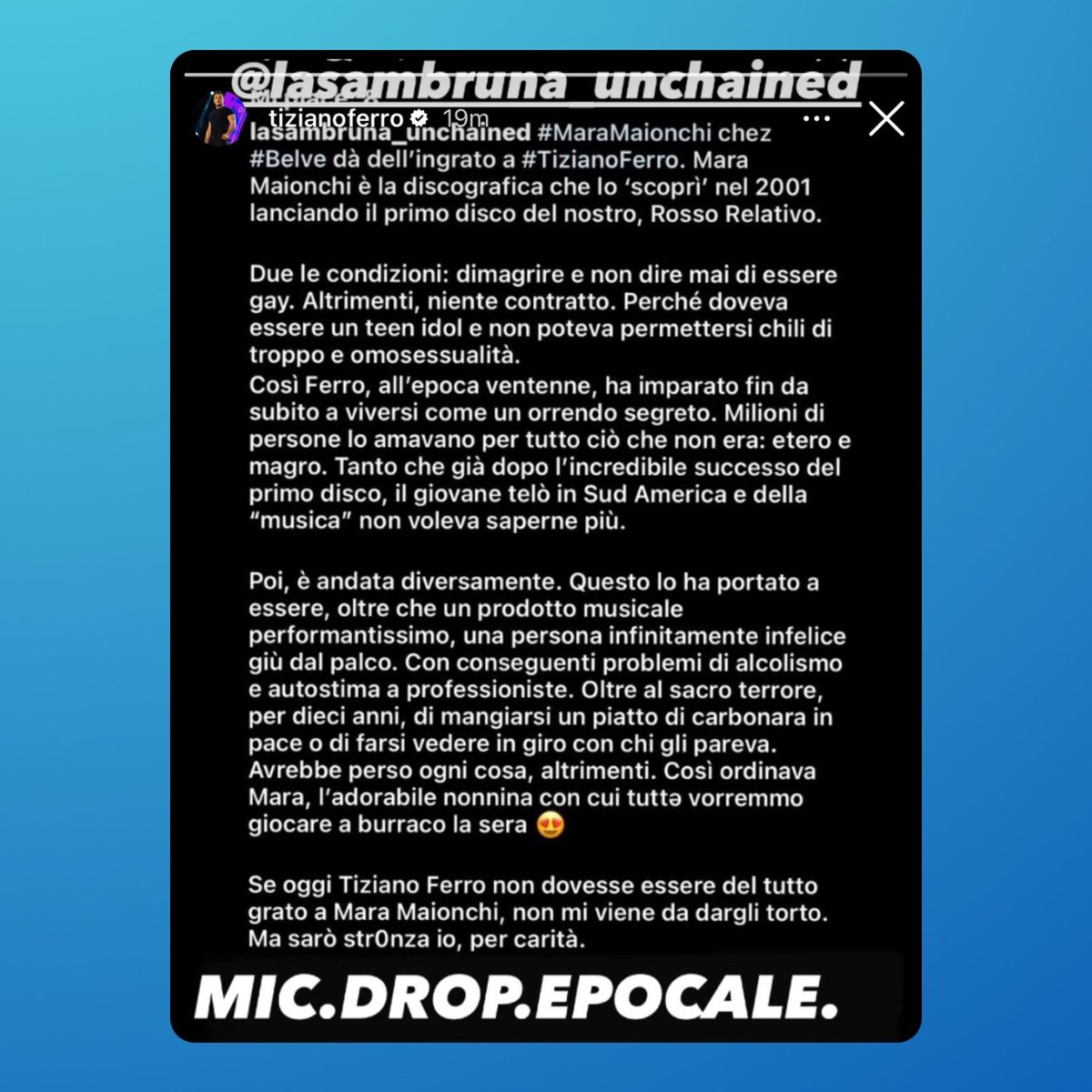 🚨 Dopo le parole di Mara Maionchi, Tiziano Ferro condivide su Instagram questo articolo di Mowmag