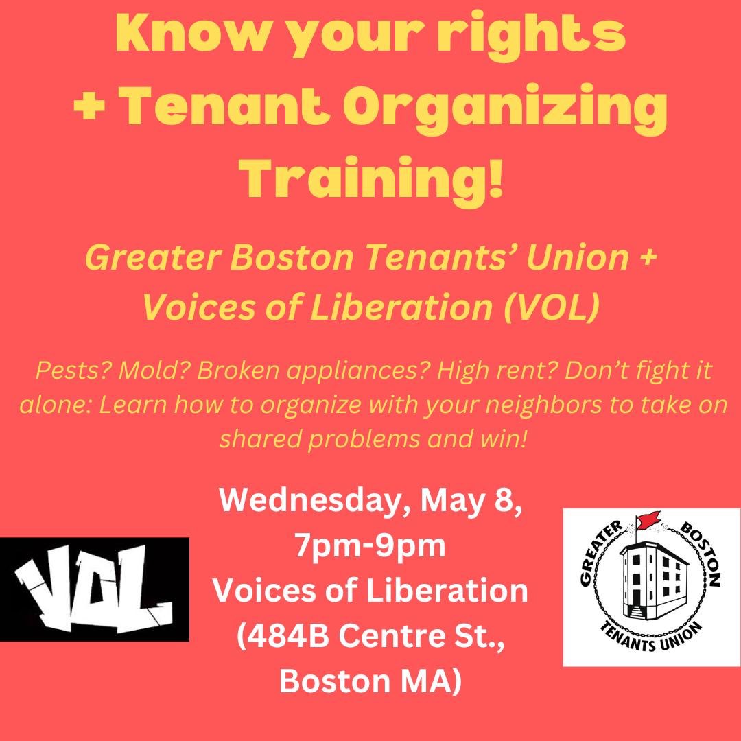 ‼️New tenant training alert‼️Join us and @voicesofliberation in a combined Know Your Rights and tenant organizing training on May 8, 7pm at 484B Centre St. Bring a roommate, bring a neighbor!