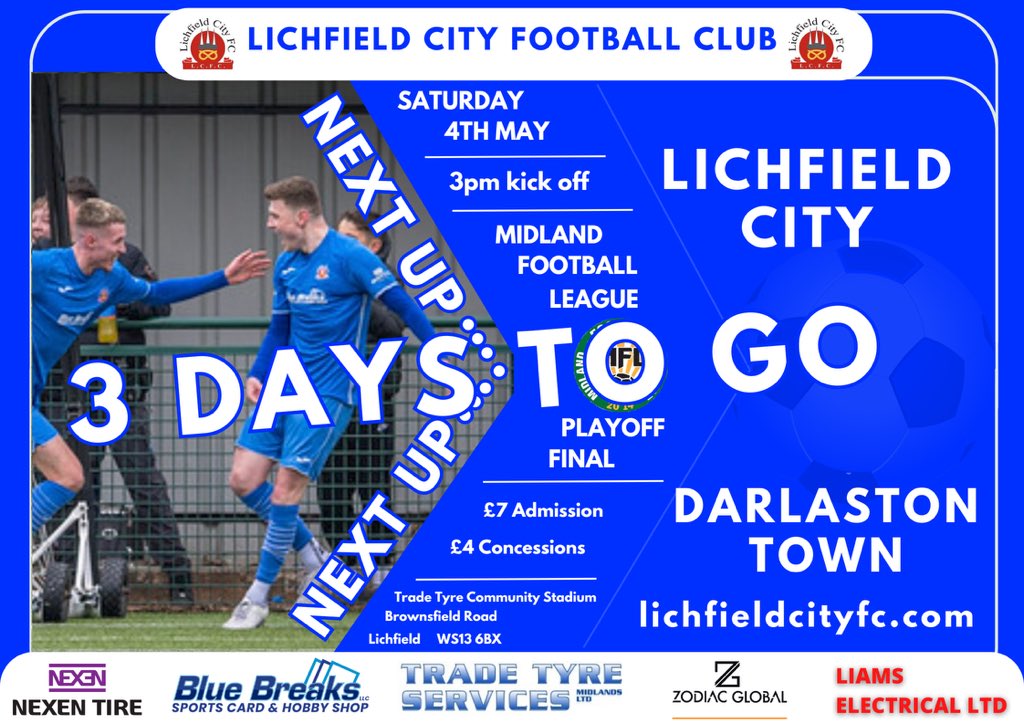 PLAYOFF FINAL - SAT 4TH MAY Make the most of your Bank Holiday Saturday and join us at our Trade Tyre Community Stadium to help push us to promotion It’s the biggest game in our club history and you can definitely play your part once again💙⚽️ cafe & bar facilities open from 1pm