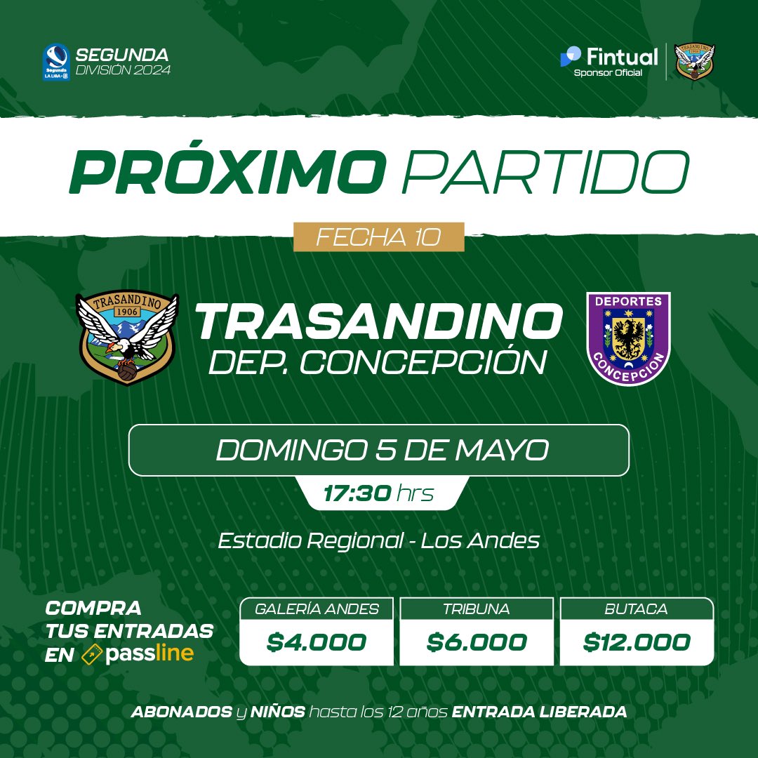 Enfrentamos a Deportes Concepción en el Regional. 🏟️⚽️ Este domingo desde las 17:30 horas disputamos un nuevo encuentro en el torneo y el apoyo de nuestros hinchas en fundamental. 🙌🏻 #VamosTrasandino 💚