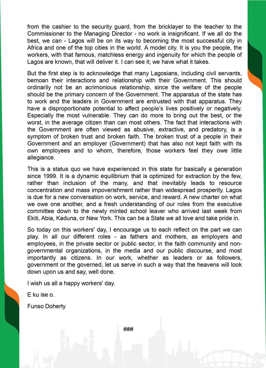 Here is the full text of my message to Lagosians on International Workers Day.