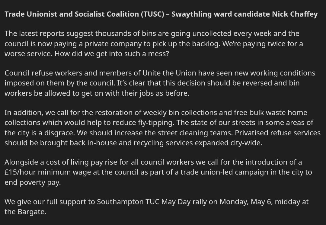 Southampton @TUSCoalition candidate, #Swathling, Nick Chaffey states 'The latest reports suggest thousands of bins are going uncollected every week & the council is paying a private company to pick up backlog. We’re paying twice for a worse service' dailyecho.co.uk/news/24291506.…