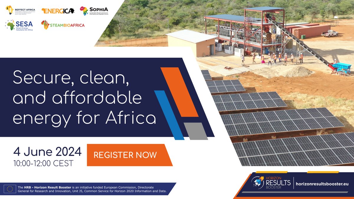 📌 SAVE THE DATE

🗓️ 4 June 2024 | 10-12 CEST

We invite you to a joint webinar featuring @reffect_africa,  @energica_h2020, @steambioafrica, @SophiA4Africa, and SESA.

Save your seat 👉 eu01web.zoom.us/webinar/regist…