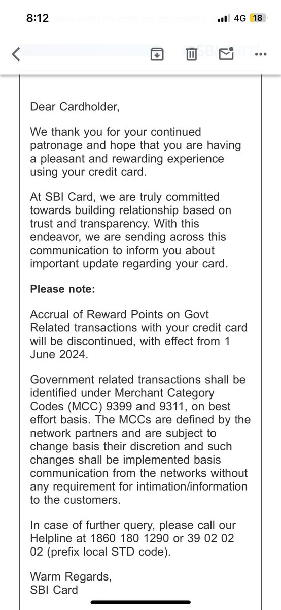 No reward on Govt payments! Coming to your nearest card on 01.06.2024