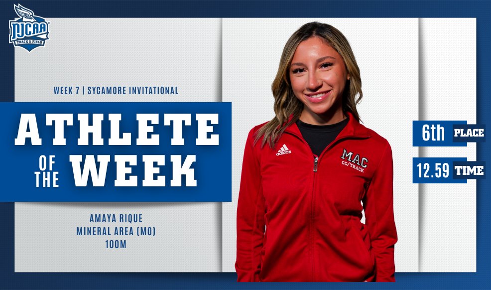 PRs ✖️ 2⃣ Amaya Rique of @MAC_Cards is the #NJCAATF DIII Women's Athlete of the Week! The freshman earned a PR in the Sycamore Invitational 100m and 200m, finishing as the top NJCAA finisher in both events. #NJCAAPOTW