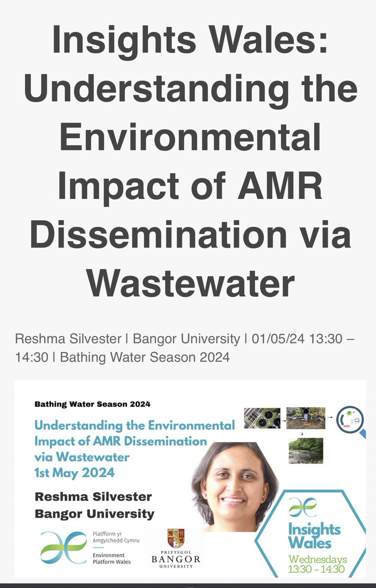 Happy to have delivered a talk on the ‘Environmental impacts of AMR dissemination via wastewater’ at Cipolwg Cymru Insights Wales 2023/24 Talk Series as part of Bathing Water season 2024 Environment Platform Wales @BangorUni #antimicrobialresistance #wastewatersurveillance #WBE