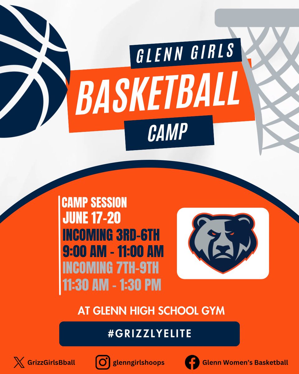 Sign up for basketball camp TODAY! 🏀 📆June 17-20 🕐 Incoming 3rd-6th: 9:00-11:00, Incoming 7th-9th: 11:30-1:30 leanderisd.store.rankone.com/Camp/List #GrizzlyElite