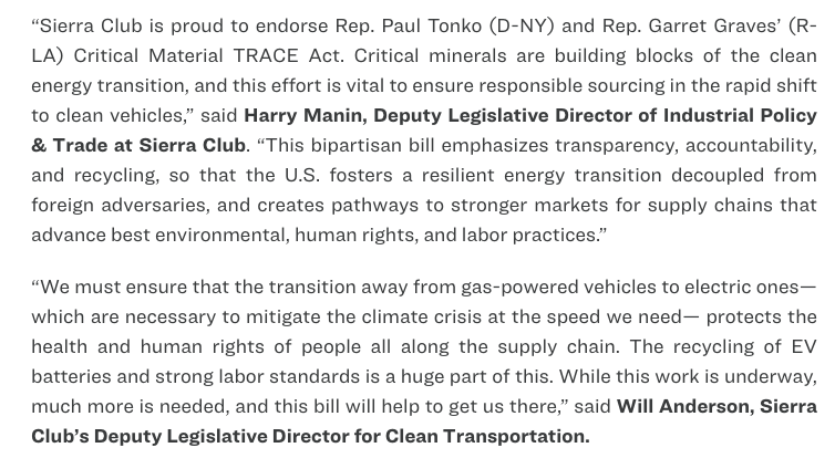 @SierraClub is proud to endorse @RepPaulTonko & @RepGarretGraves' Critical Material TRACE Act. Adding transparency to the clean energy supply chain is a win for enviro standards & human rights. The bill complements IRA, helping to onshore capabilities for the right reasons.