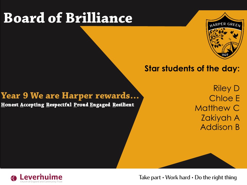 Well done to the 5 #StarStudents today @HarperGreen! 🌟🌟🌟

Another #Positive day for our year 9s, loads of positive points getting logged for everyone!🥳
#WorkHard #TakePart #DoTheRightThing