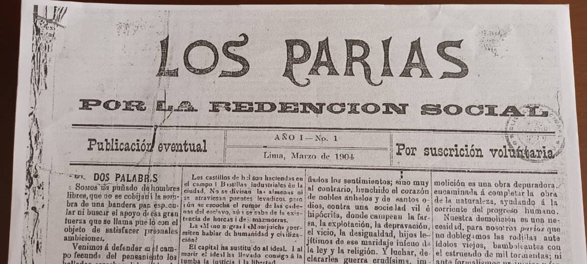 #LosParias (1904-1910) fue la primera publicación en el Perú que expresó los ideales del anarquismo y  se enfrentó al Estado, al capitalismo y a la Iglesia. Para ellos, el 1.º de mayo era una fecha de lucha y rebeldía contra el régimen que produce ignorancia y miseria. Abro hilo.