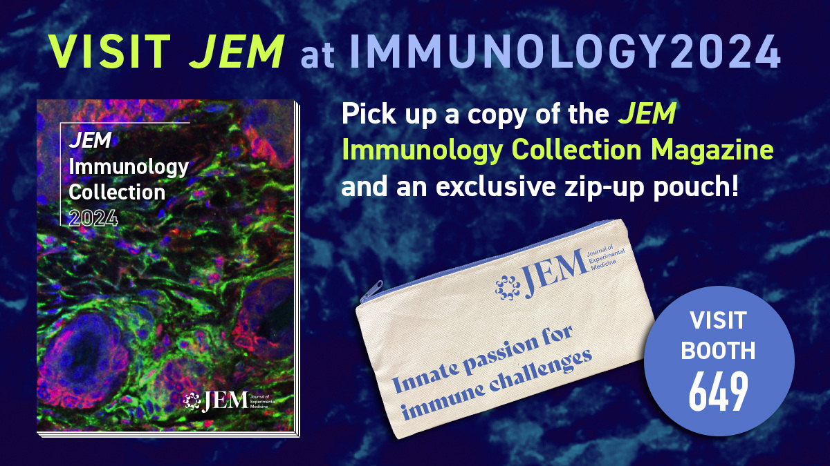 Are you attending #IMMUNOLOGY2024 #AAI2024 this weekend in Chicago? Stop by @JExpMed booth #649 to chat about the journal, and pick up a copy of JEM Immunology Collection magazine 📚 and an exclusive zip-up pouch 🎁 We look forward to seeing everyone!