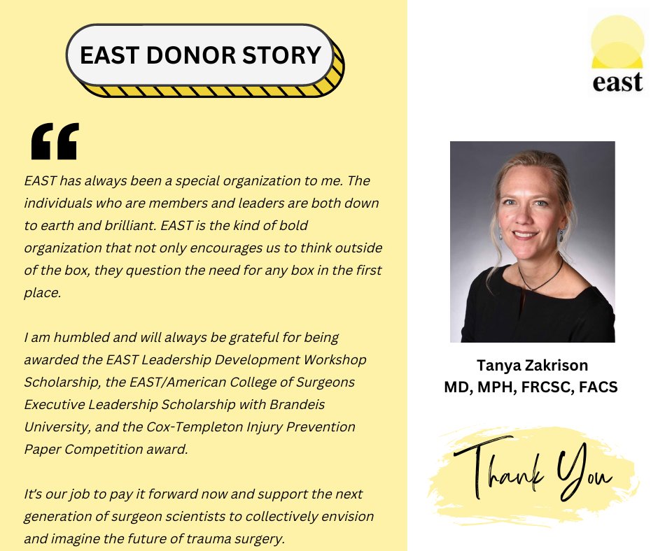 Thank you to Dr. Tanya Zakrison (@tzakrison) for supporting the EAST Development Fund! To connect with Dr. Zakrison, please visit the Member Directory from your EAST profile: bit.ly/3XRY91i To share your EAST Donor Story, visit: bit.ly/3gWBaza
