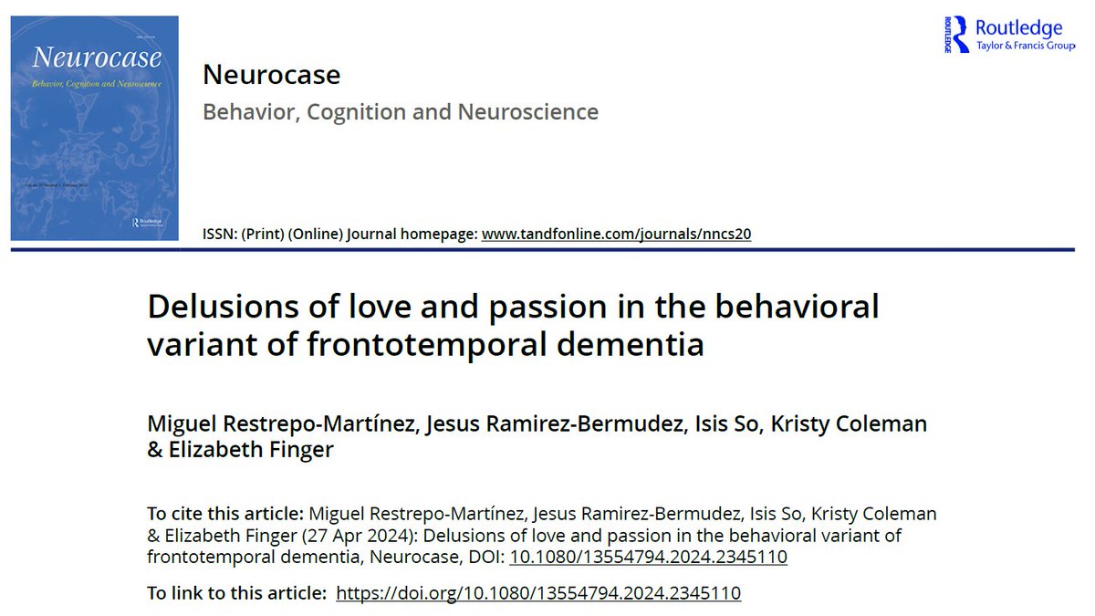 Allow me to share this new case study on #delusions of love & pasion in the behavioral variant of frontotemporal #dementia 🧵🧠💔 1/7 At age 59, after the death of her husband & after the loss of her son to suicide, Mrs M showed features of the so-called Clerambault delusion...
