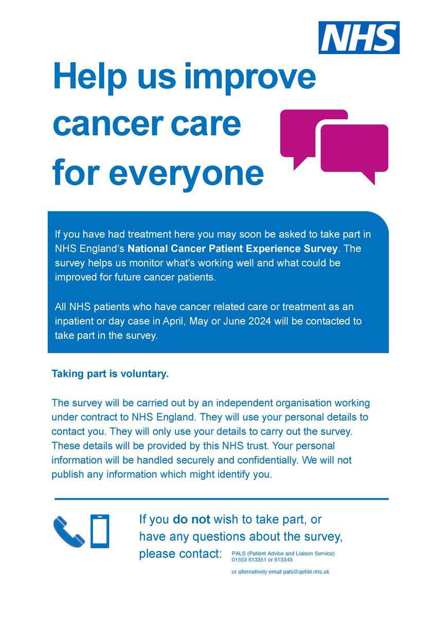 If you've had treatment at The QEH you may be asked to take part in NHS England’s National Cancer Patient Experience Survey.

All NHS patients who have cancer related care as an inpatient or day case in April, May or June 2024 will be contacted to take part in the survey.