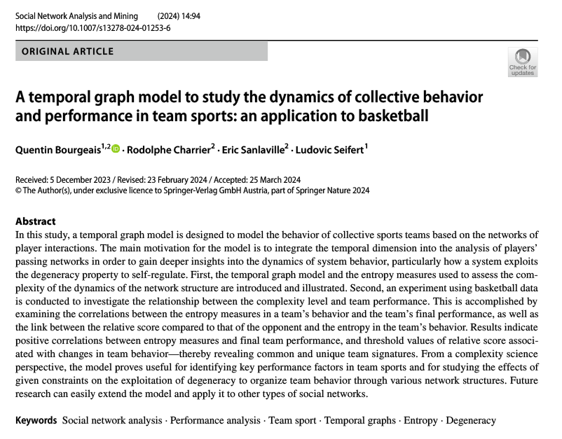 📝 I'm glad to share with you my first published paper, in Social Network Analysis and Mining: link.springer.com/article/10.100… 

A temporal graph model to study the dynamics of collective behavior and performance in team sports: an application to basketball 📊🏀