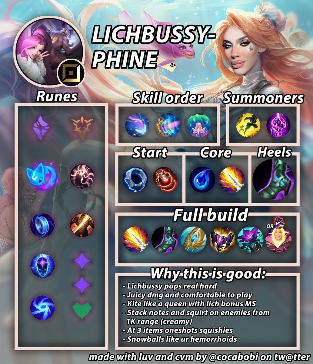 cocabobi's tweet image. 📢 3 NEW BUILDS FOR APC/MID SERAQUEEF THIS PATCH (14.9) 😱

If you left sera after the changes, it is time to come back betch cuz phreak gave us some crumbs😍🎉

A thread👇

1. LICHBUSSYPHINE💅 - A juicy bursty build that works amazing with new buffs