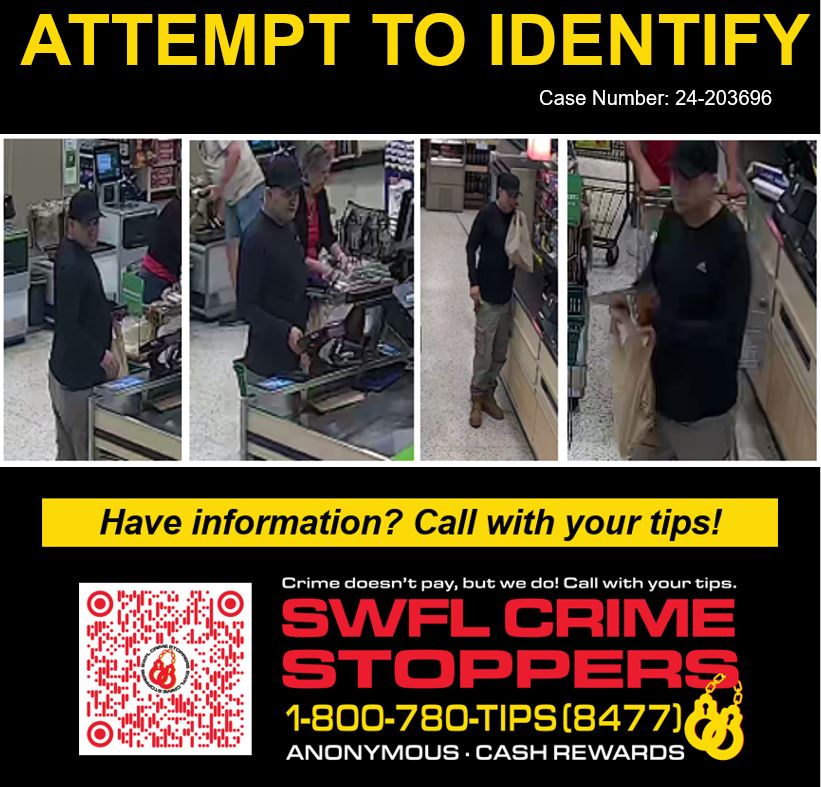 𝗖𝗔𝗡 𝗬𝗢𝗨 𝗛𝗘𝗟𝗣? The @SheriffLeeFL is trying to identify the man in these photos as part of a credit card fraud investigation. If you know who this is, please call SWFL Crime Stoppers at 1-800-780-TIPS. Cash reward possible!