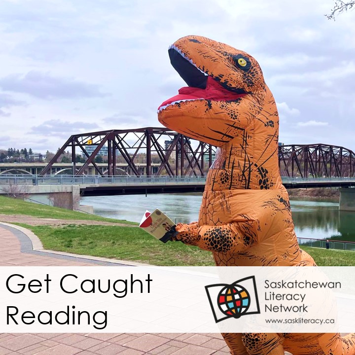 May is Get Caught Reading month! Reading is a T-Rexcellent (or excellent!) way to learn something new, 'travel' to another world, or imagine fun possibilities! Where can you #GetCaughtReading?​ This T-Rex challenges other dinosaurs, too!​#Dinosaur #ReadingChallenge #SaskLiteracy