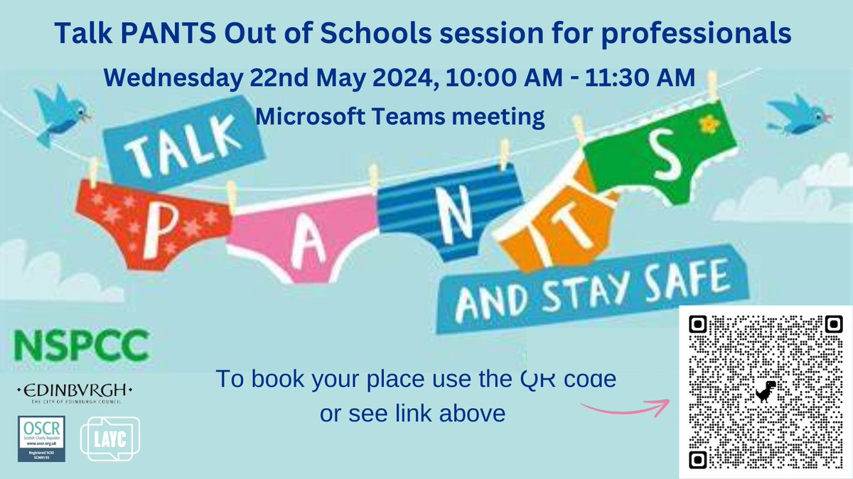 📢Edinburgh After School Club staff please join this session to hear about the Edinburgh Talk PANTS campaign and how Talking PANTS can help keep children safe from sexual abuse. Thanks to @NSPCC_Scotland @Edinburgh_CC See details below Register here tinyurl.com/2y6ppsz4