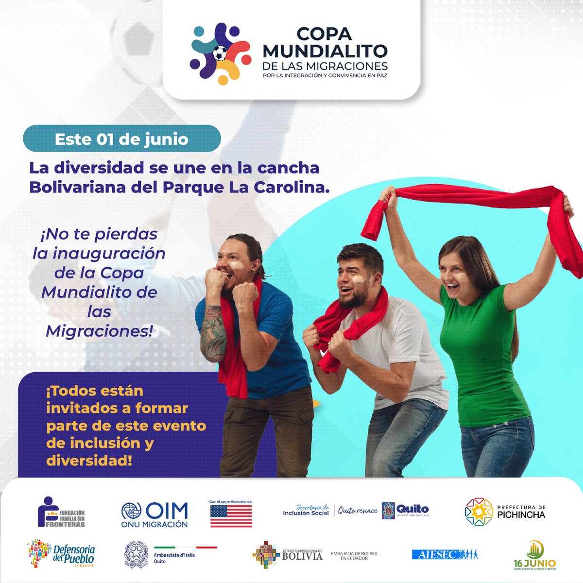 #MundialitoDeLasMigraciones | ¡La diversidad se celebra en la cancha Bolivariana del Parque La Carolina! 🌍⚽ Asiste a la inauguración de la Copa Mundialito de las Migraciones, el sábado, 1 de junio de 2024.