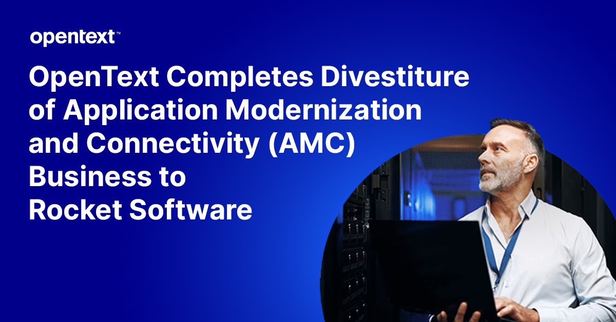 NEWS: OpenText Completes Divestiture of Application Modernization and Connectivity (AMC) Business to Rocket Software for $2.275B. Read the full press release from OpenText: bit.ly/4dwHU2K