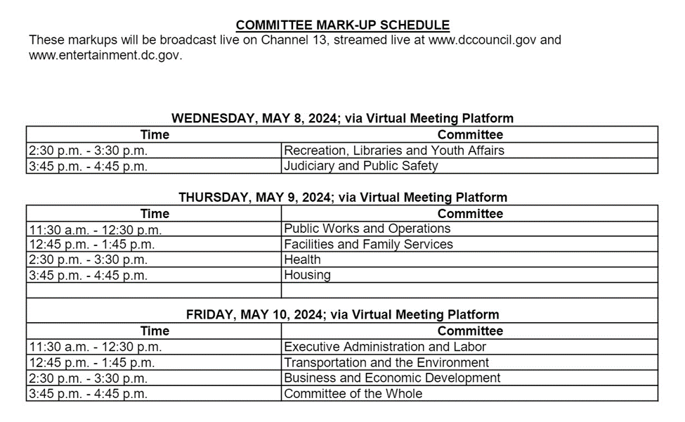 ONE WEEK! On Wednesday, May 8, the @councilofdc committees will begin their mark-ups of the FY 2025 budget. Here’s the schedule for each committee: