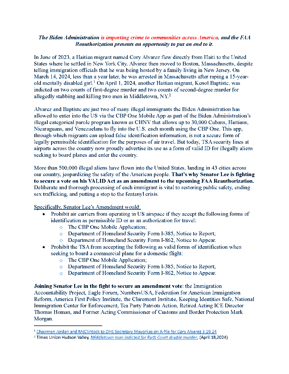 Congress has the opportunity to shut this down, right now. I’m offering the VALID Act as an amendment to the FAA reauthorization bill. It bans the TSA from using the CBP One app to fly illegals around America.