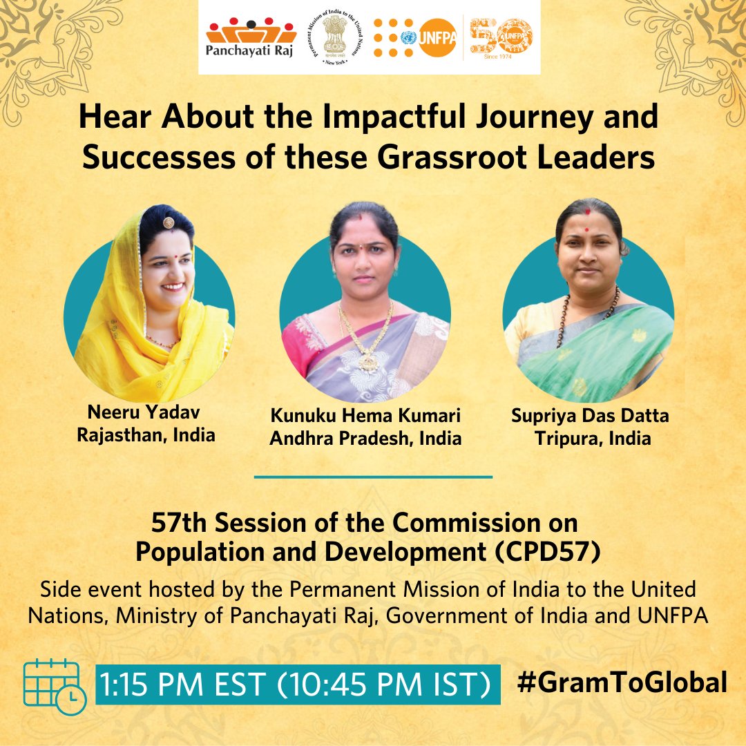 Let's champion the incredible leadership of Indian women at the grassroots! Tune in to #CPD57 to witness their impactful contributions. #GramToGlobal
📅: 3 May 2024
🕥 10:45 PM IST
🎥:webtv.un.org/en/asset/k1e/k…