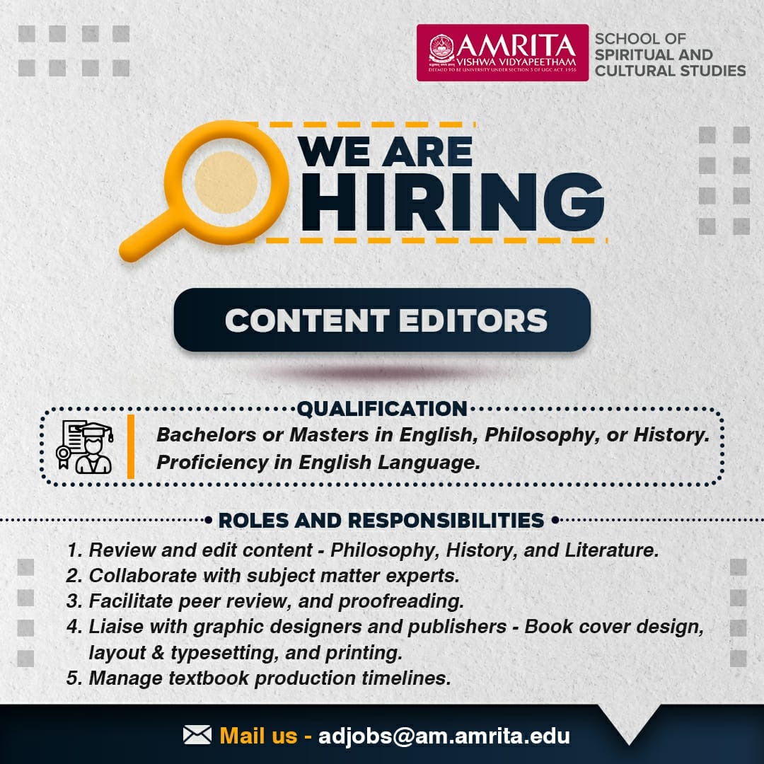 We are hiring Content Editors, to work with us at the Amritapuri Campus.