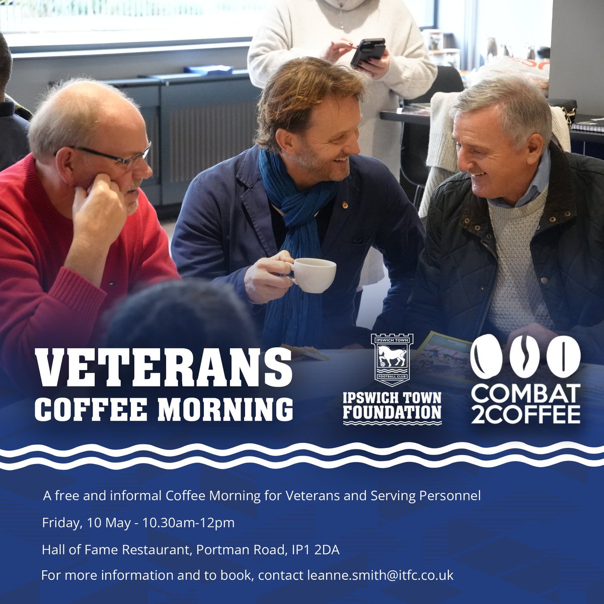 ☕️ The Foundation is hosting a Coffee Morning for Veterans and Serving Personnel at Portman Road on Friday, 10 May. The event is free to attend, and will take place in the Hall of Fame Restaurant. To register your interest, contact leanne.smith@itfc.co.uk. @Combat2C