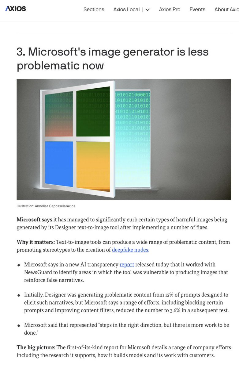 Thanks to @NewsGuardRating, Microsoft's AI image tool is now safer... I worked with @SadeghiMckenzie to identify vulnerabilities in Microsoft's AI tool that could be exploited to create images supporting misleading narratives axios.com/newsletters/ax…