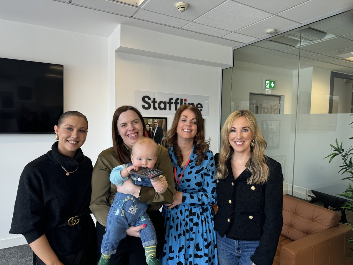 Lovely to have our ⁦⁦@carolinemfeeney⁩ back in the office today. Baby no 3 was a delight and already crunching the numbers on the calculator ⁦@StafflineIre⁩