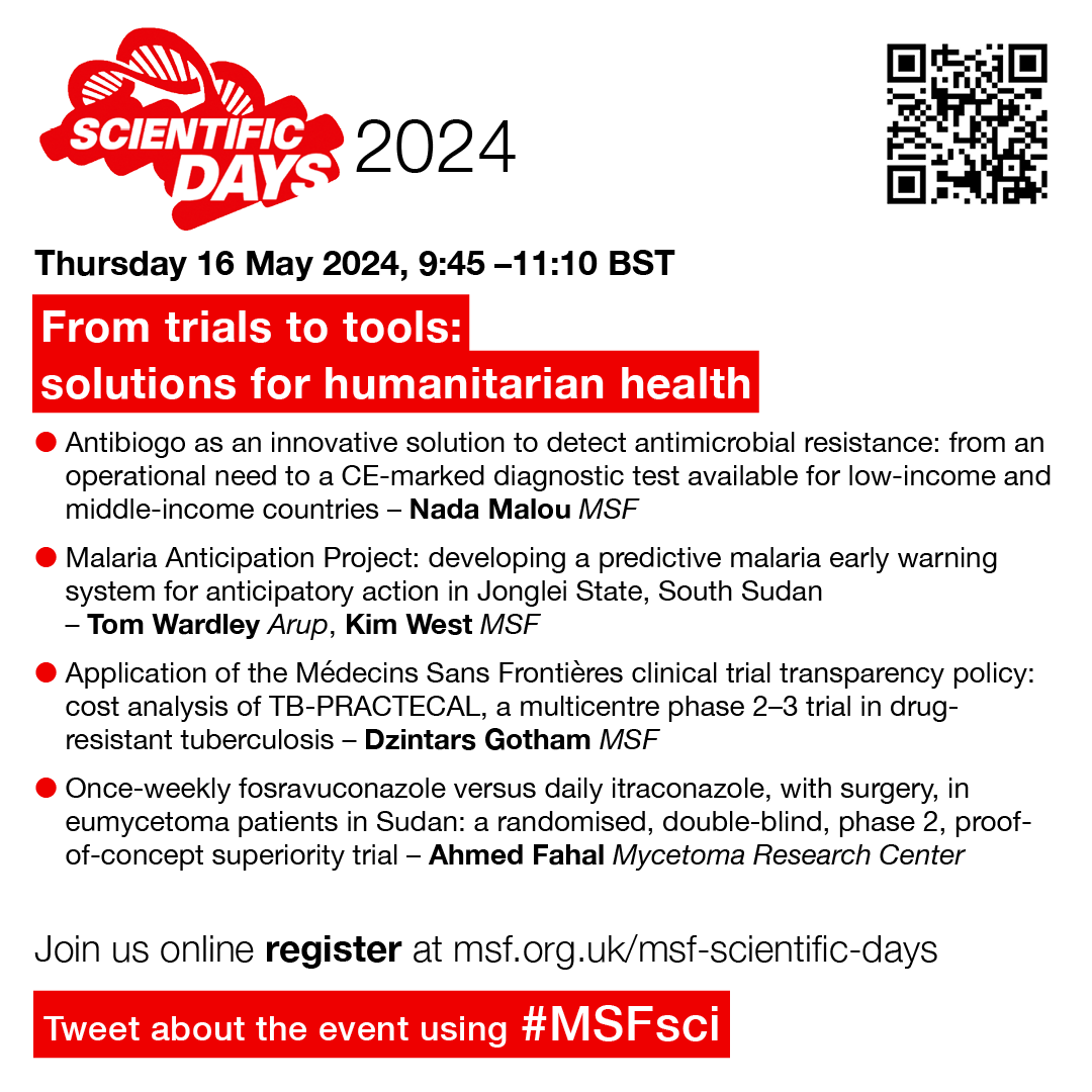 Discover the latest research in #malaria warning systems🦟, low-resource antimicrobial testing, #eumycetoma & our #TB clinical transparency trial cost at #MSFSci Chaired by @Claudie_L, register now! 👉bit.ly/3Uh4Ytd