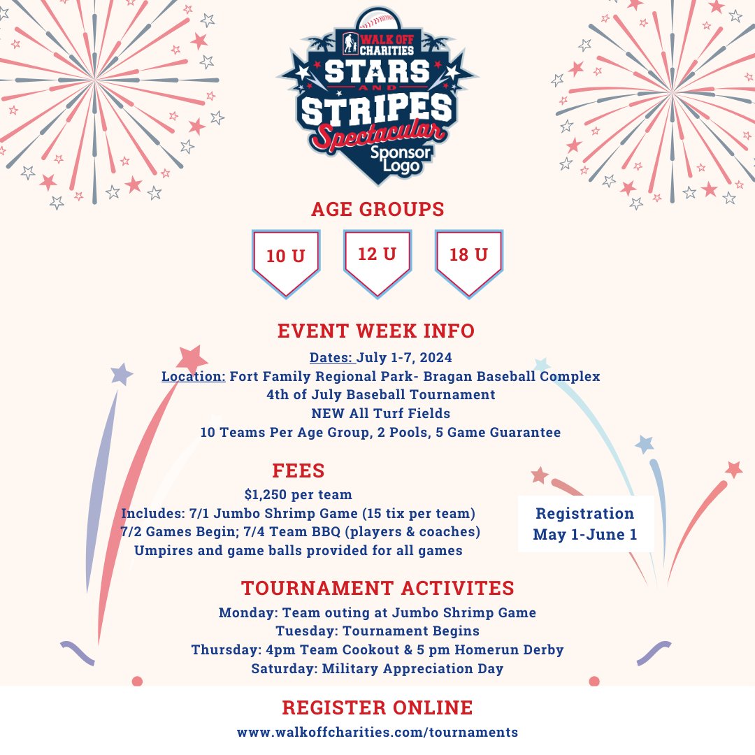 Registration is now OPEN for our inaugural Stars & Stripes Spectacular 4th of July Baseball Tournament 🎆🧨⚾! - Age Groups 10U, 12U & 18U - Registration Fee- $1,250 per team Includes: 7/1 Jumbo Shrimp Game (15 tix per team), 7/4 Team BBQ (players & coaches), 5-game guarantee…