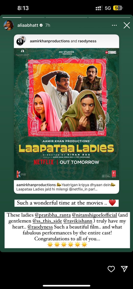 wow.. #AliaBhatt insta post for aamir khan production movie #LaapataaLadies ❤️‍🔥