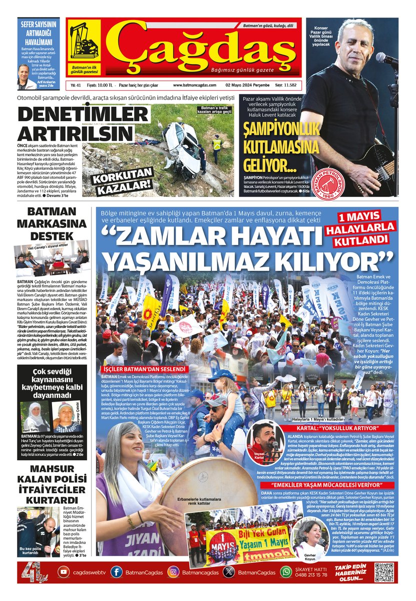 Batman Çağdaş Gazetesi 2 Mayıs 2024 Perşembe batmancagdas.com