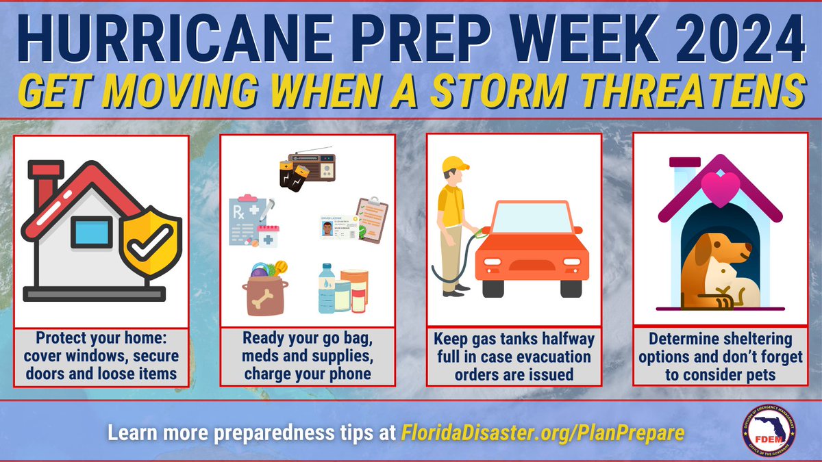 Do you know what to do when a storm threatens your community? ⬇️Follow these tips to prepare:
🏡 Secure your home
🎒 Pack your go bag
⛽️ Keep gas tanks halfway full
🏠 Determine sheltering options (for your pets, too!)
Learn more: FloridaDisaster.org/PlanPrepare #HurricanePrep #MakeAPlan