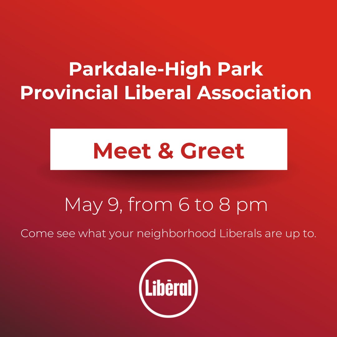 Come join the Parkdale-High Park Provincial Liberal Association for a Meet and Greet!

The event will be at the The Alpine, 2872 Dundas Street West, May 9th from 6 to 8pm.

Drinks and appetizers will be provided. 

RSVP here: bit.ly/4aULuSA