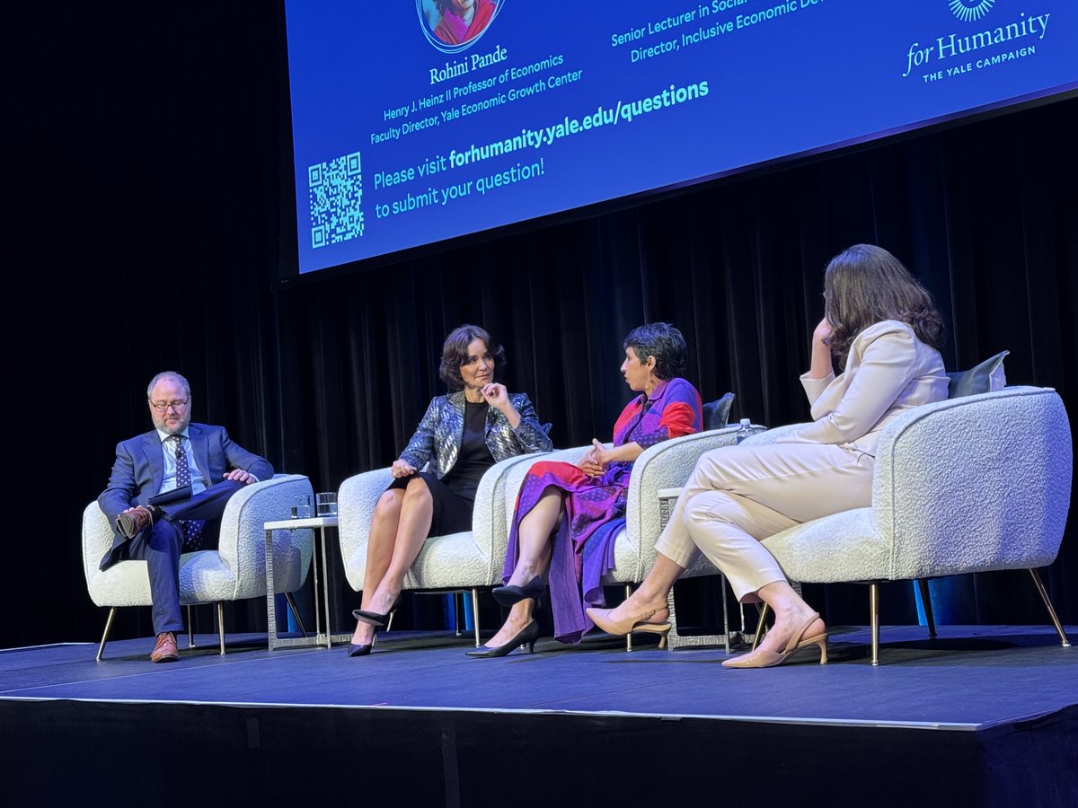 Rohini Pande of EGC/@YaleEconomics speaking about how testing & iterating on program design through research can take good ideas to their potential, w Laura Arnold of @Arnold_Ventures and David Wilkinson of @YaleTobinCenter at the last night's @Yale For Humanity event, Dallas.